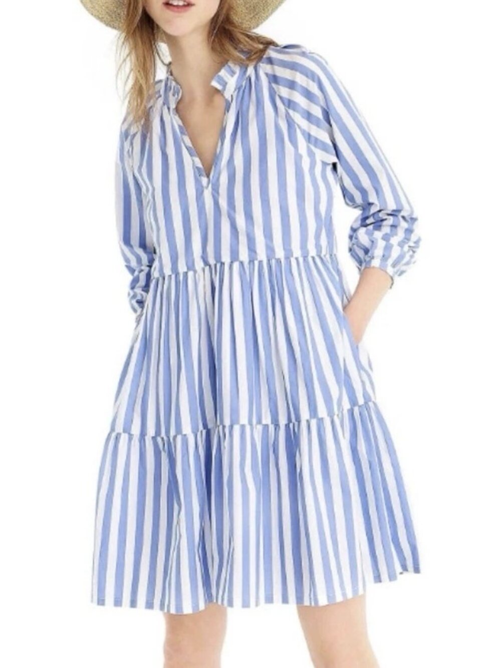 J. Crew Tiered Popover Poplin Mini Dress Blue Striped Size Large Babydoll